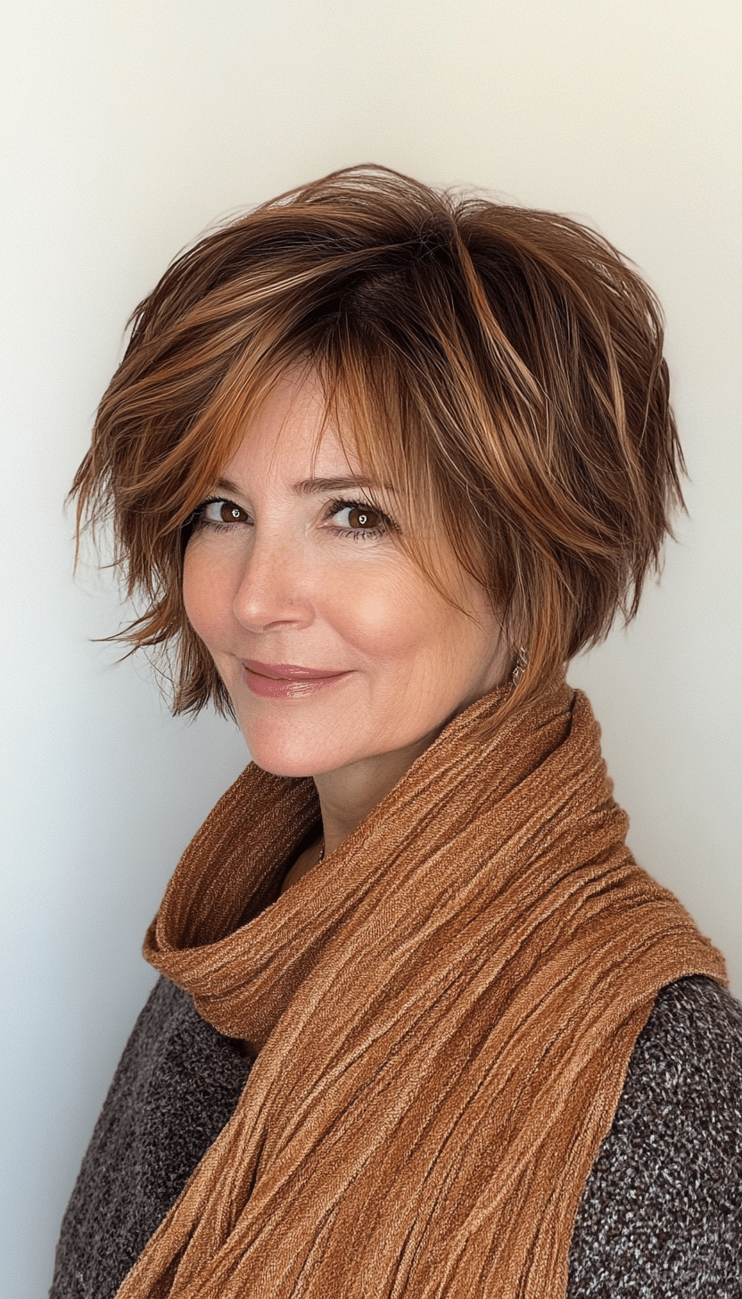 14. Voluminous Short Cut in Warm Caramel (Short Feathered Haircuts For Older Woman) - Short Feathered Haircuts For Older Woman