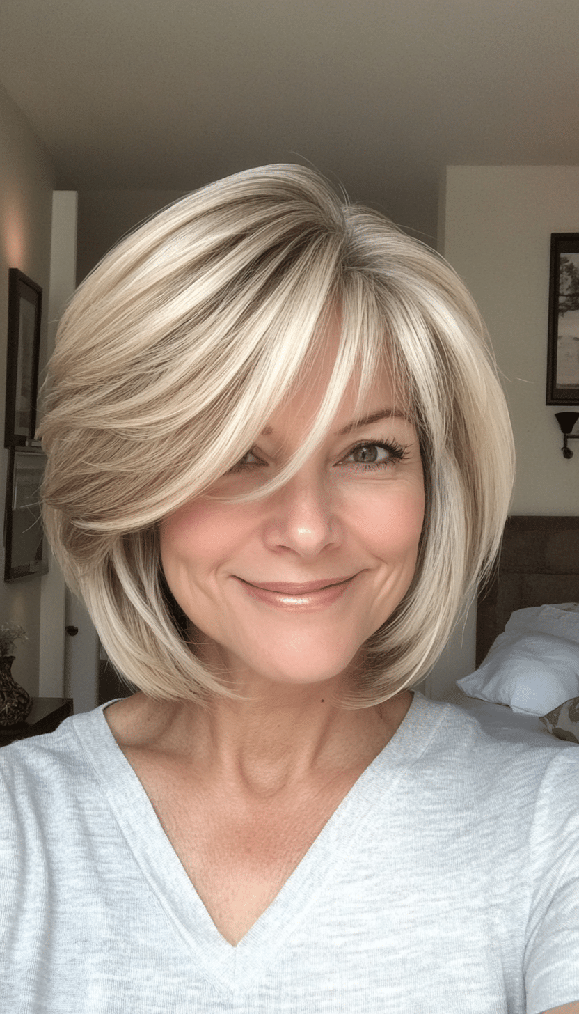 15. Feathered Bob with Bangs in Ash Blonde (Short Feathered Haircuts For Older Woman) - Short Feathered Haircuts For Older Woman