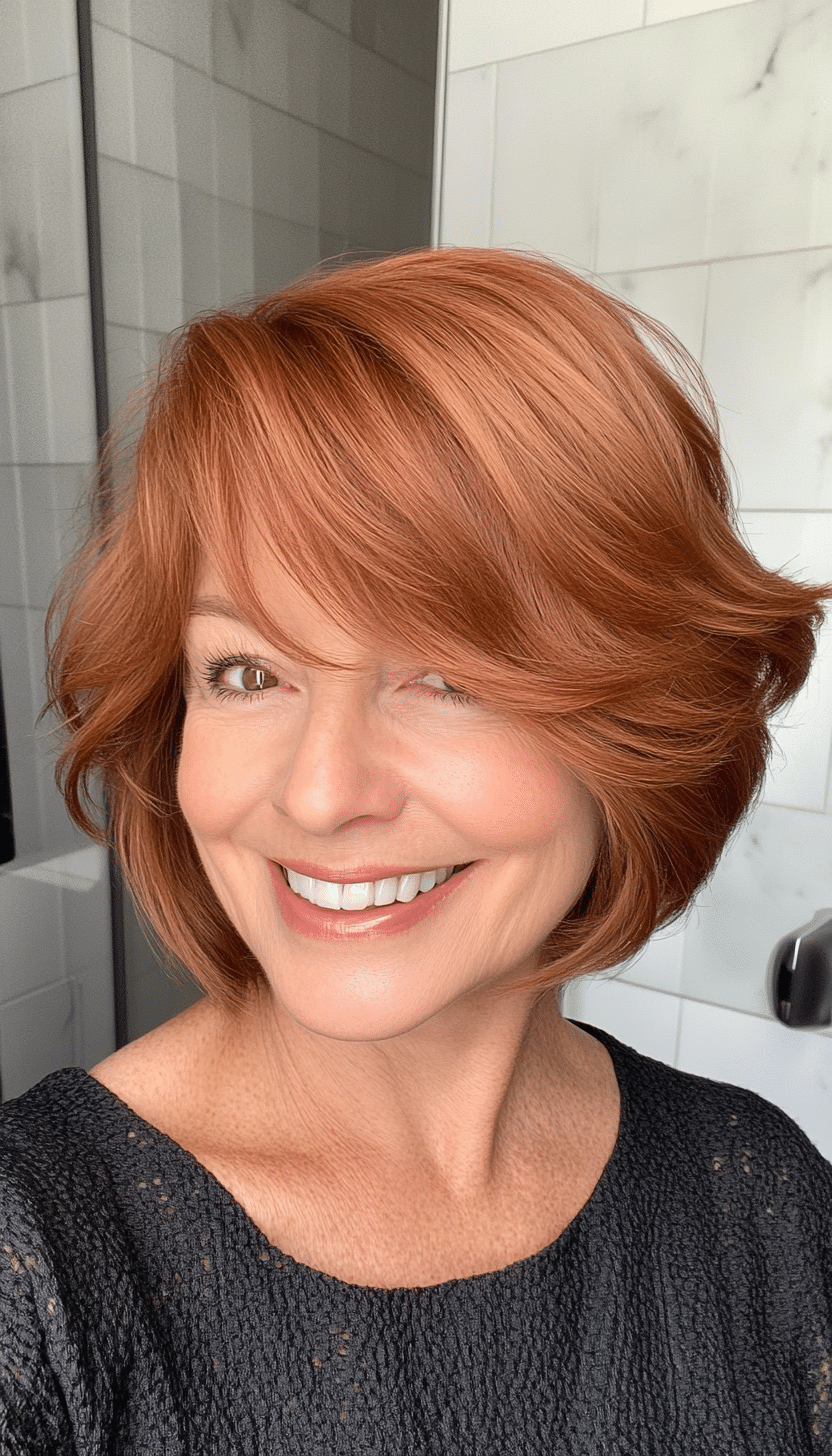 18. Rounded Feathered Bob in Light Auburn (Short Feathered Haircuts For Older Woman) - Short Feathered Haircuts For Older Woman