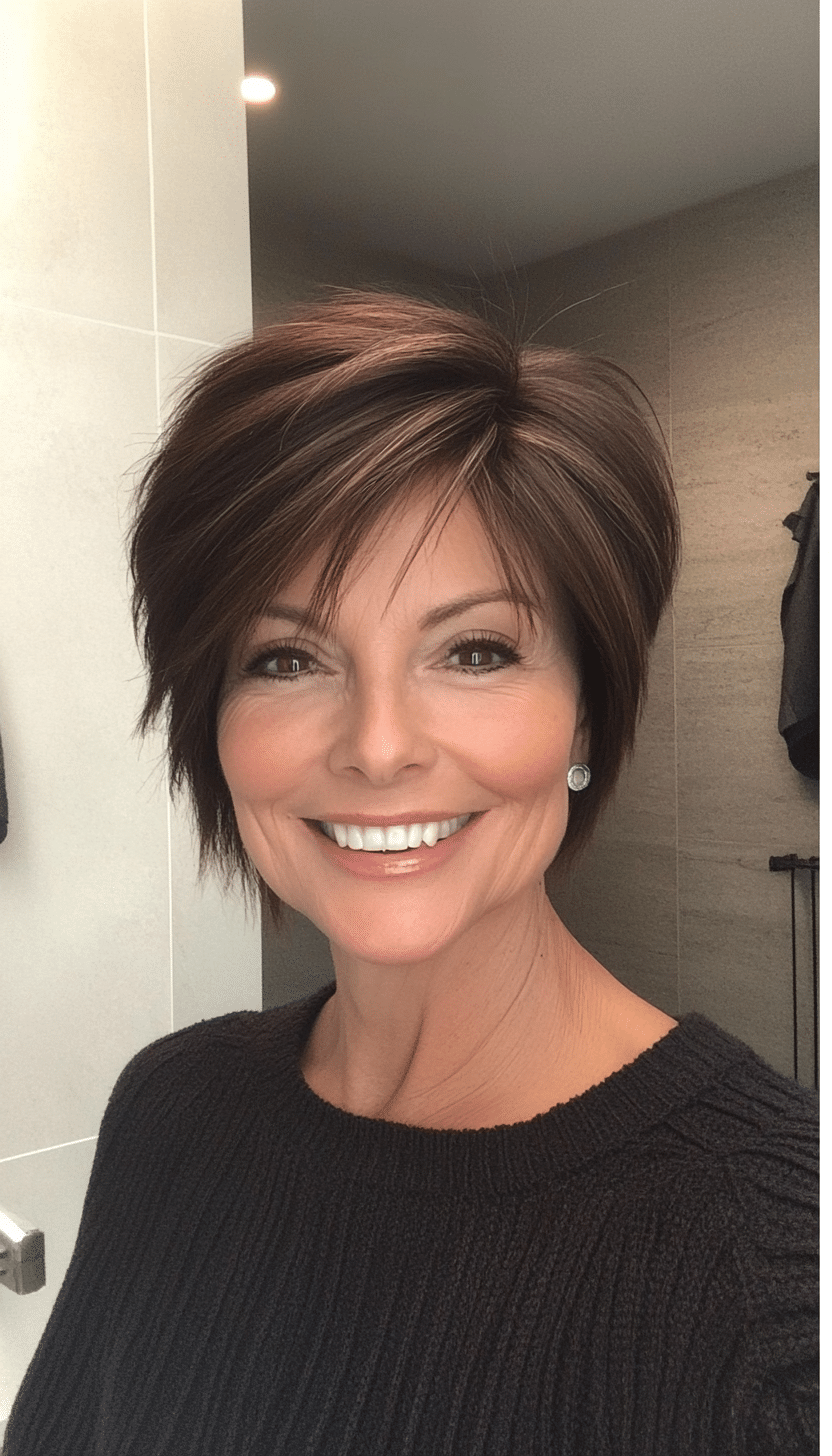 19. Side-Parted Feathered Pixie in Deep Brunette (Short Feathered Haircuts For Older Woman) - Short Feathered Haircuts For Older Woman