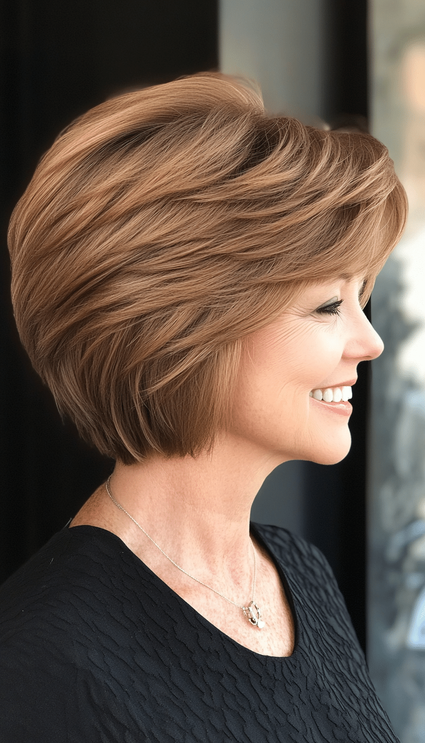 20. Textured Short Bob in Warm Honey Brown (Short Feathered Haircuts For Older Woman) - Short Feathered Haircuts For Older Woman