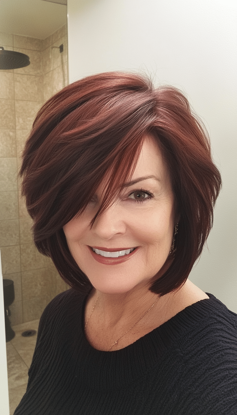 24. Modern Feathered Bob in Rich Mahogany (Short Feathered Haircuts For Older Woman) - Short Feathered Haircuts For Older Woman