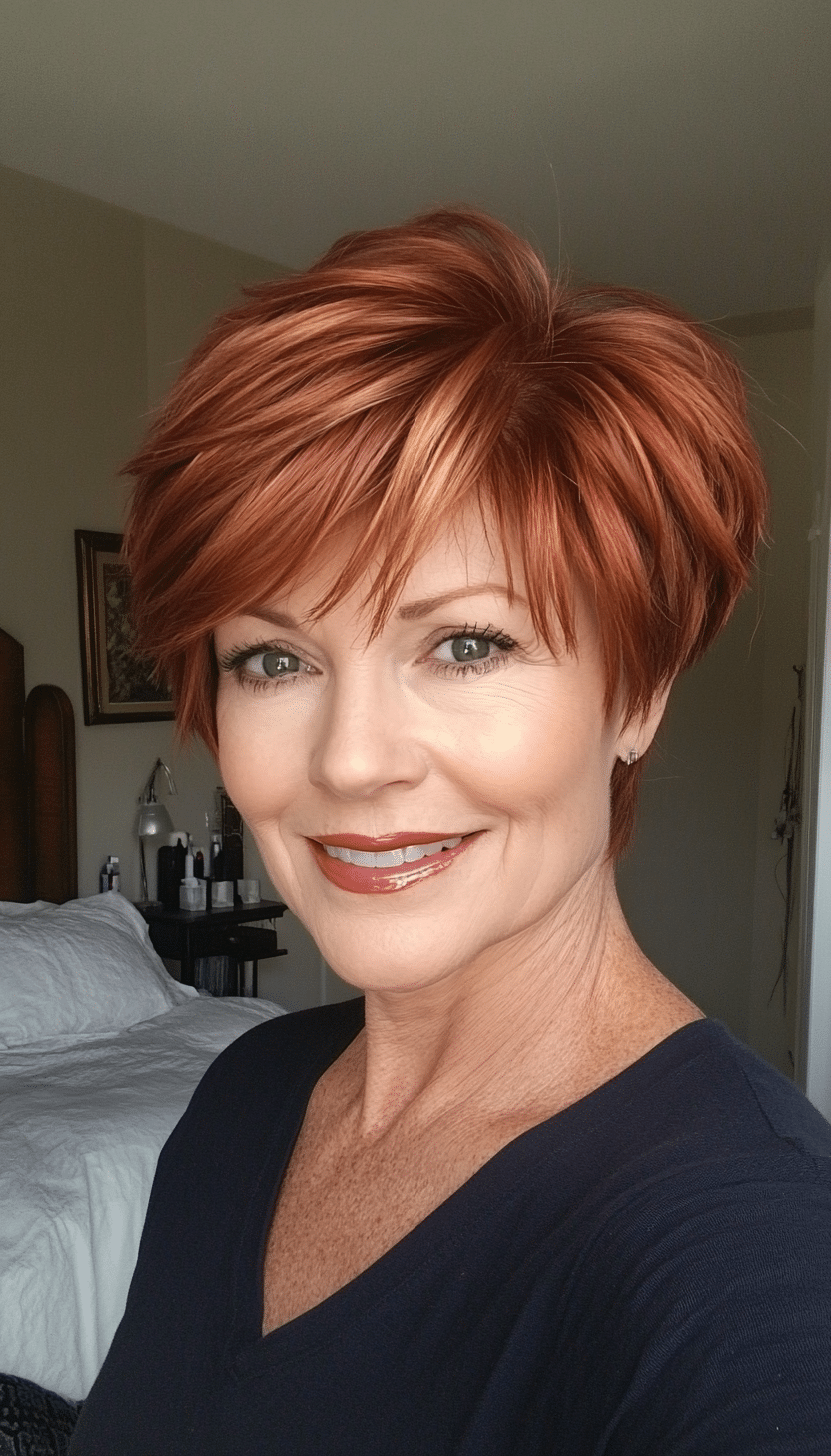 25. Face-Framing Layered Pixie in Deep Copper (Short Feathered Haircuts For Older Woman) - Short Feathered Haircuts For Older Woman