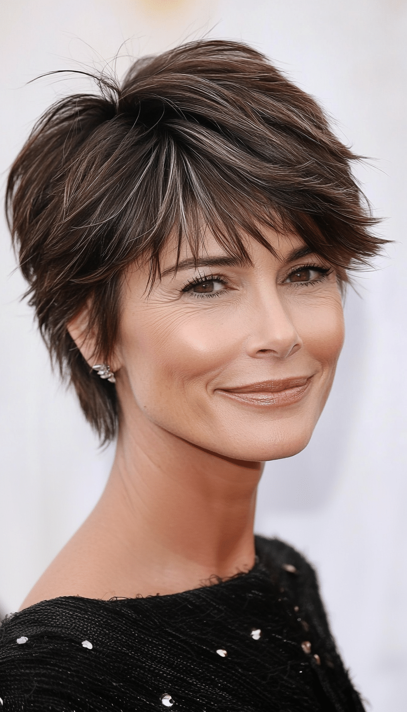 26. Stacked Feathered Crop in Natural Brunette (Short Feathered Haircuts For Older Woman) - Short Feathered Haircuts For Older Woman