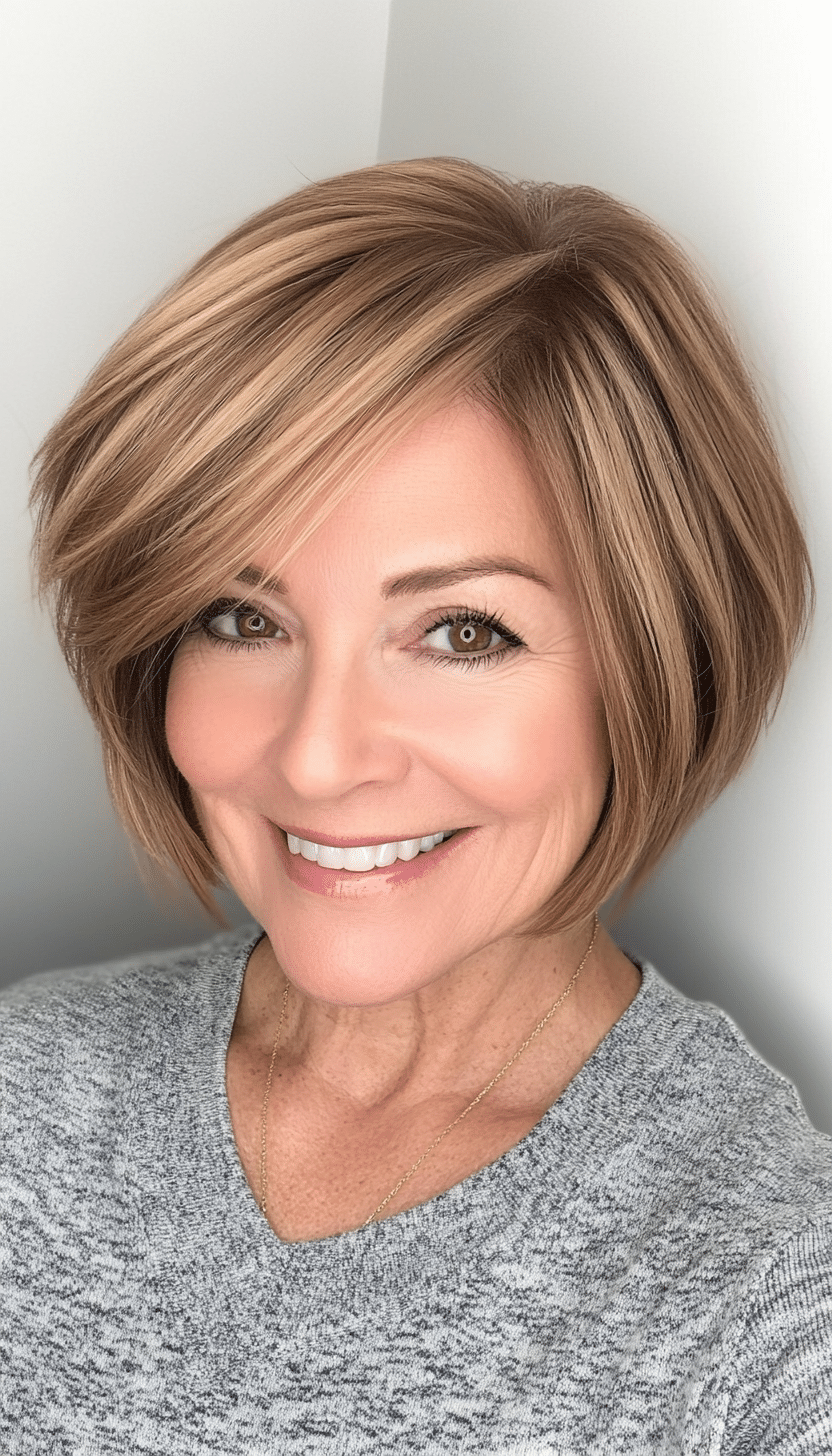 27. Sleek Short Feathered Bob in Warm Golden Brown (Short Feathered Haircuts For Older Woman) - Short Feathered Haircuts For Older Woman