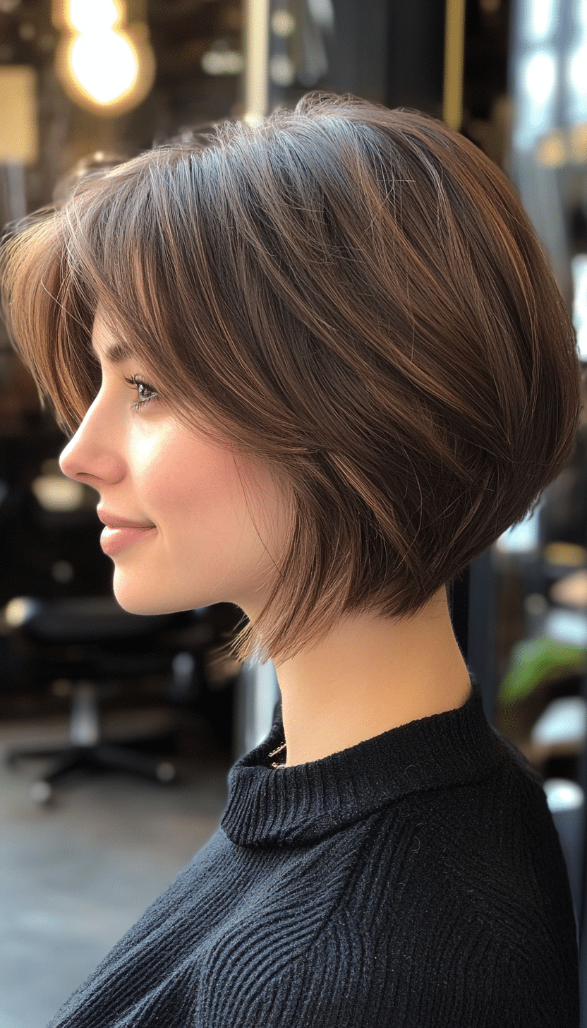 1. Soft Layered Bob with Feathered Bangs in Chestnut Brown (Short Bob Hairstyles With Bangs) - Short Bob Hairstyles With Bangs
