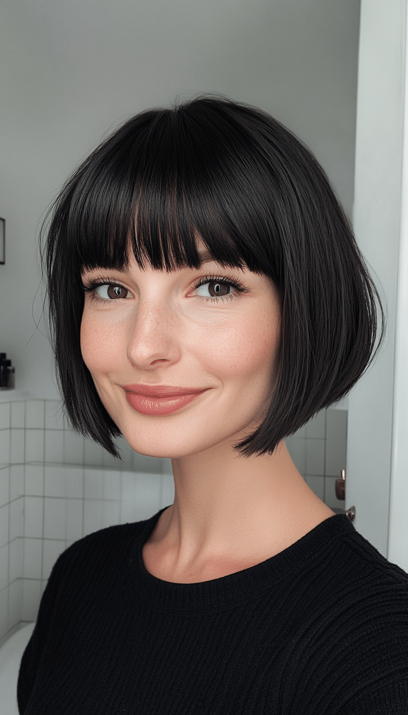 4. French Bob with Micro Bangs in Rich Black (Short Bob Hairstyles With Bangs) - Short Bob Hairstyles With Bangs