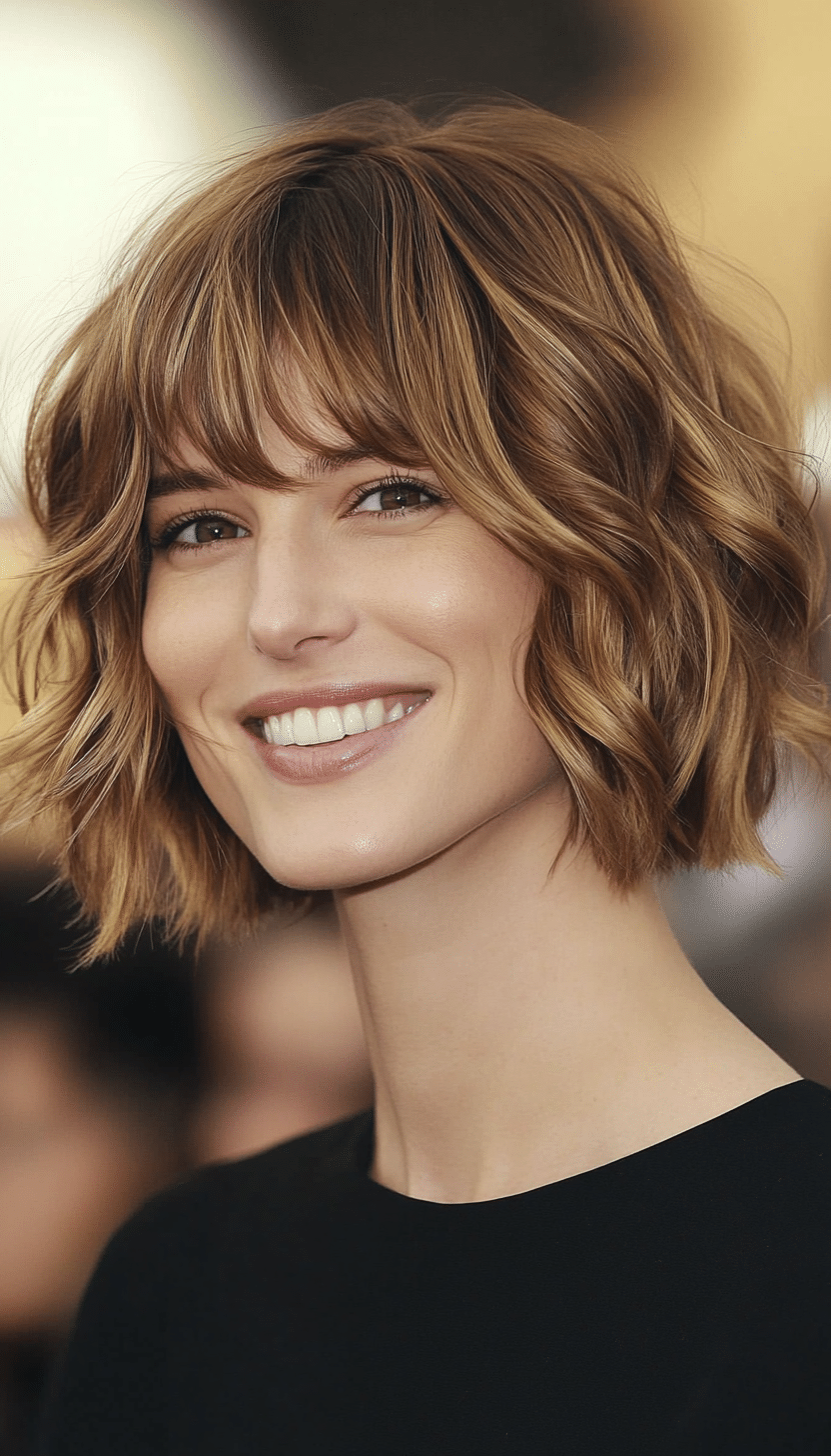 5. Wavy Bob with Side-Swept Bangs in Golden Brown (Short Bob Hairstyles With Bangs) - Short Bob Hairstyles With Bangs