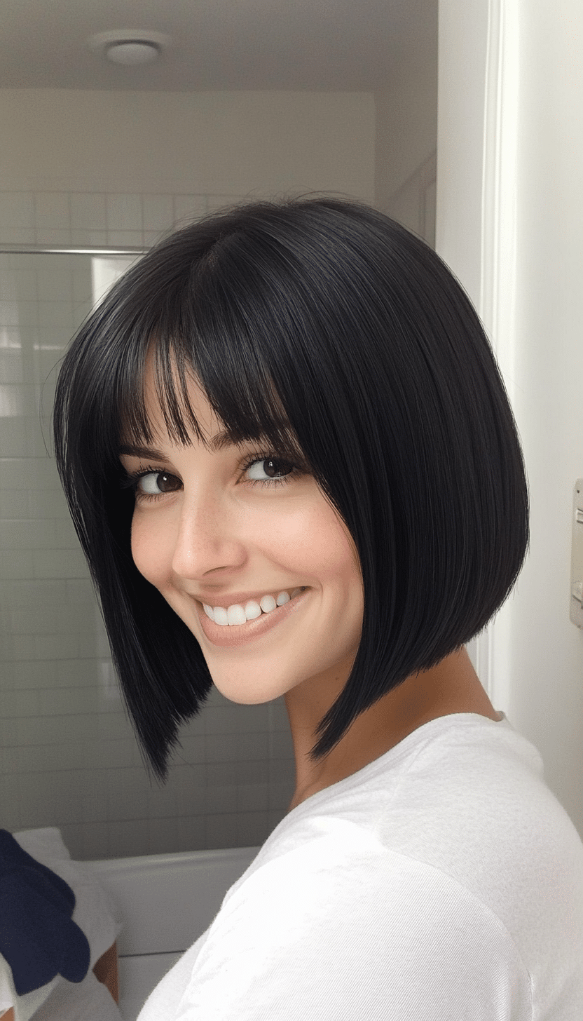 6. Sleek Angled Bob with Long Bangs in Jet Black (Short Bob Hairstyles With Bangs) - Short Bob Hairstyles With Bangs