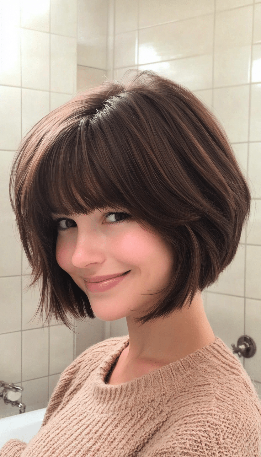 7. Textured Bob with Soft Bangs in Chocolate Brown (Short Bob Hairstyles With Bangs) - Short Bob Hairstyles With Bangs