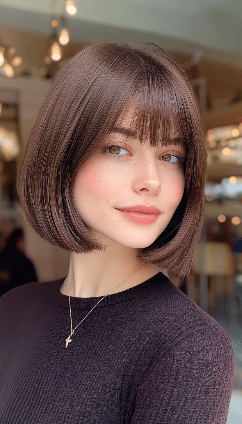 8. Rounded Bob with Classic Bangs in Dark Auburn (Short Bob Hairstyles With Bangs) - Short Bob Hairstyles With Bangs