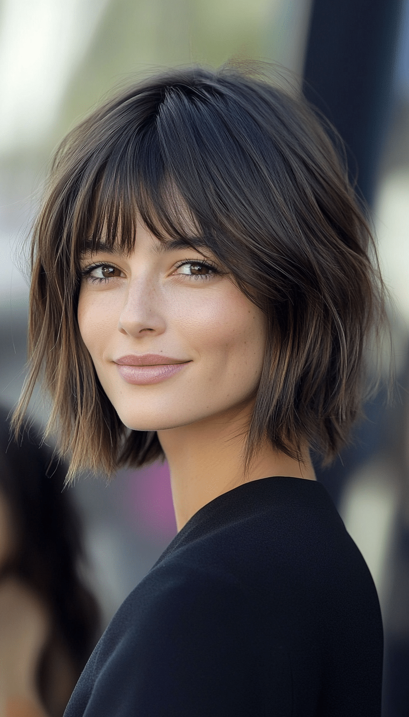 9. Stacked Bob with Arched Bangs in Medium Ash Brown (Short Bob Hairstyles With Bangs) - Short Bob Hairstyles With Bangs