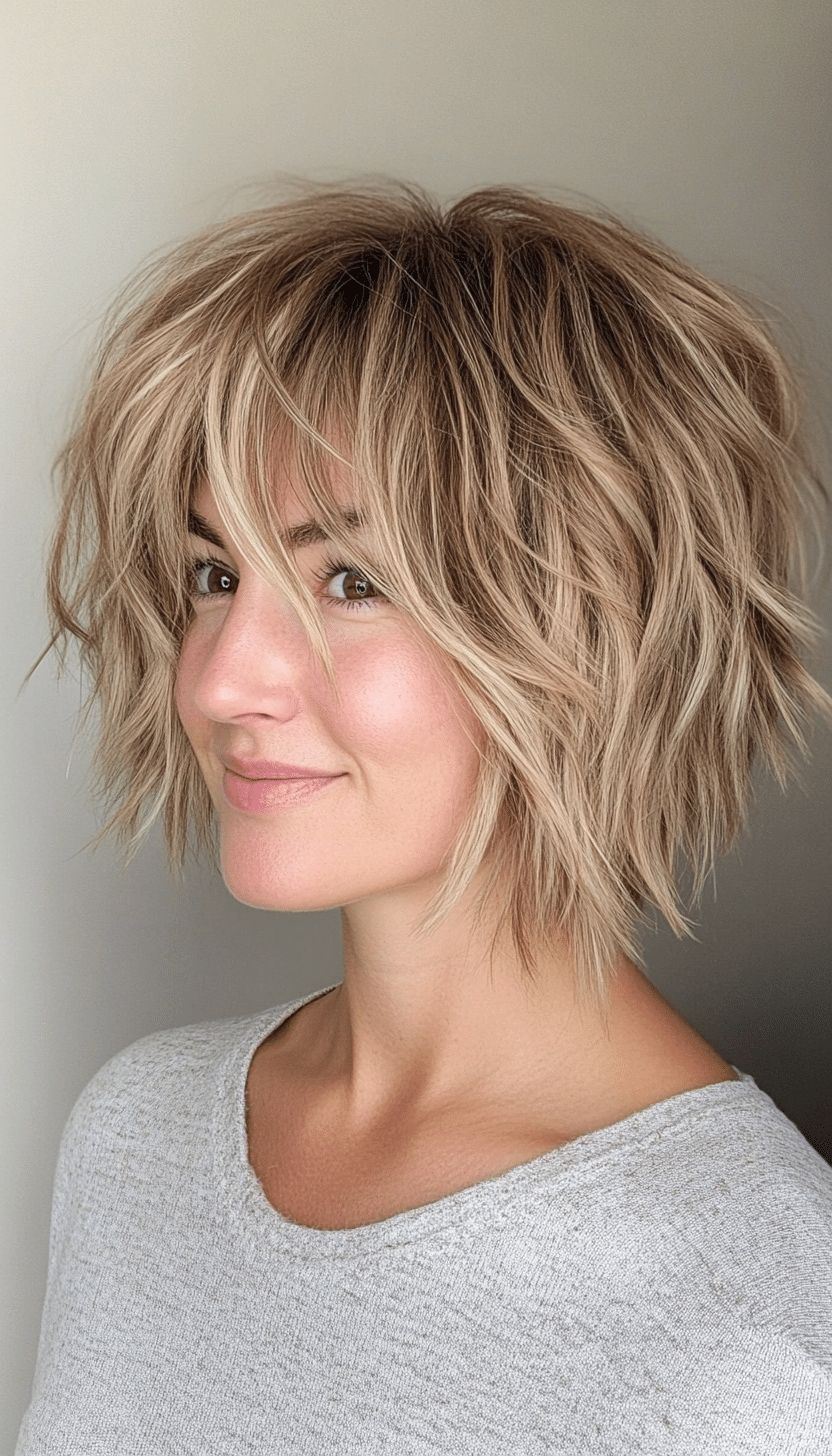 10. Shaggy Bob with Piecey Bangs in Sandy Blonde (Short Bob Hairstyles With Bangs) - Short Bob Hairstyles With Bangs