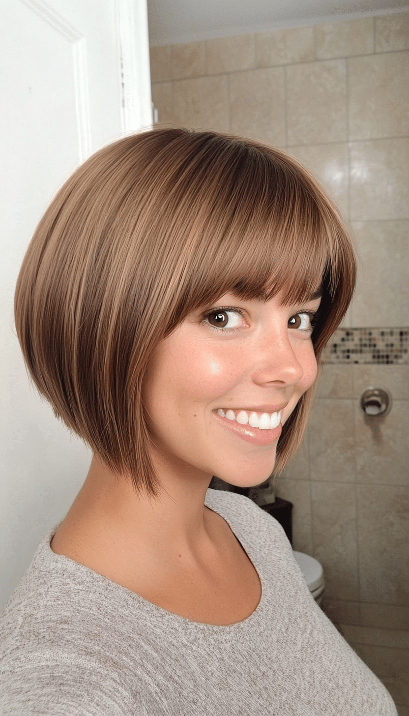 11. Razor-Cut Bob with Side Bangs in Warm Caramel Brown (Short Bob Hairstyles With Bangs) - Short Bob Hairstyles With Bangs