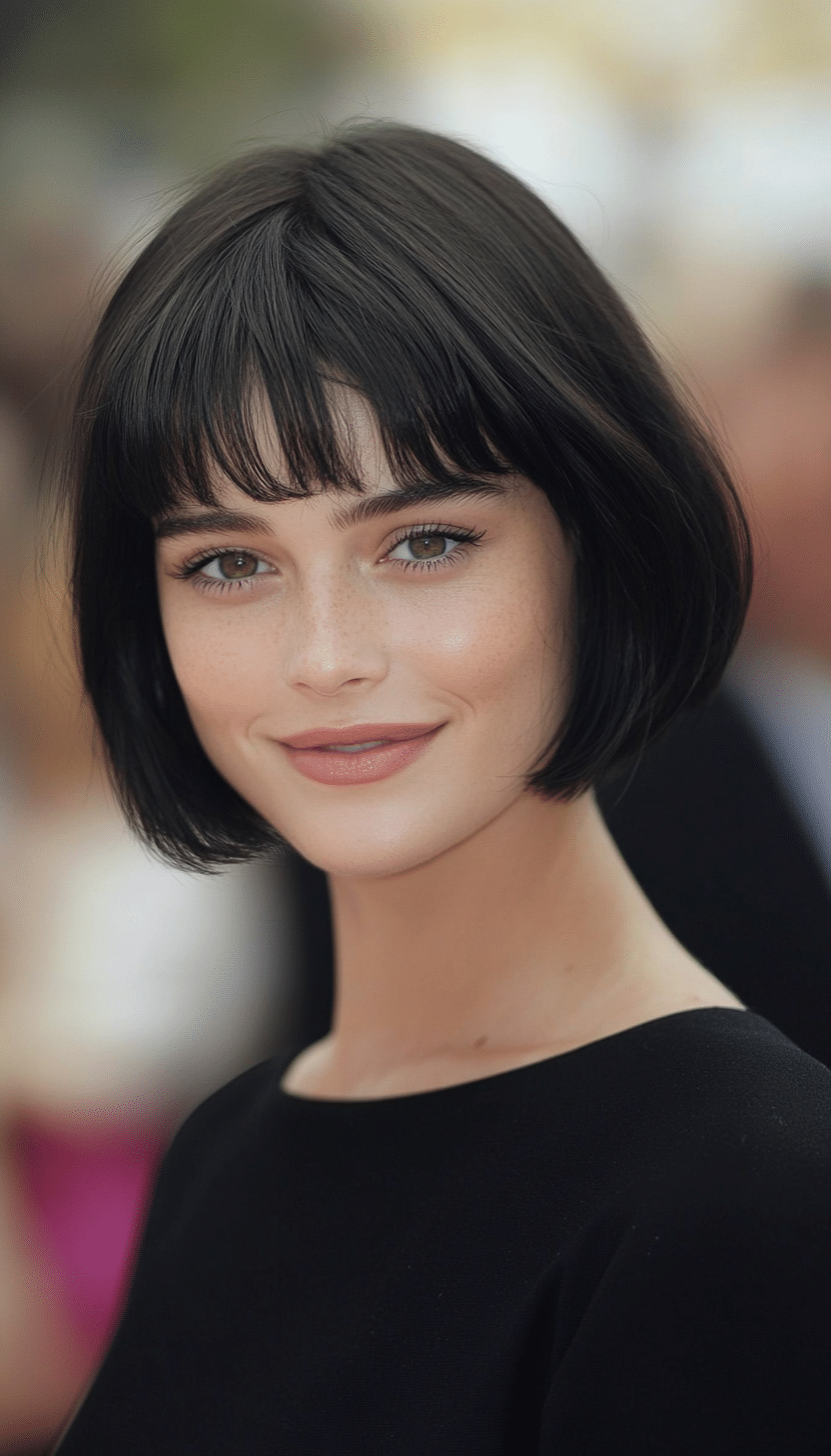 12. Mini Bob with Wispy Bangs in Soft Black (Short Bob Hairstyles With Bangs) - Short Bob Hairstyles With Bangs