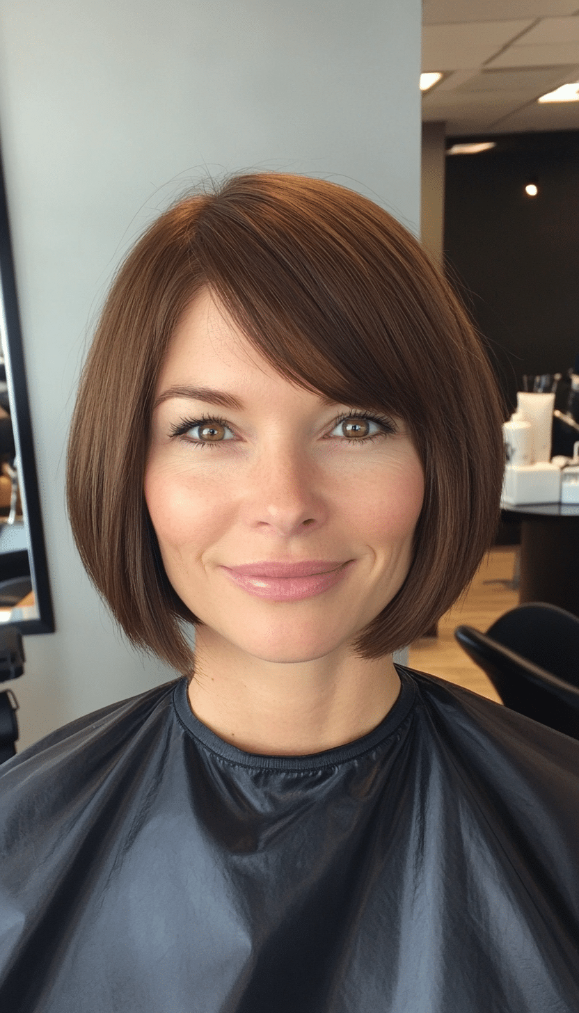 13. A-Line Bob with Straight Bangs in Chestnut Brown (Short Bob Hairstyles With Bangs) - Short Bob Hairstyles With Bangs