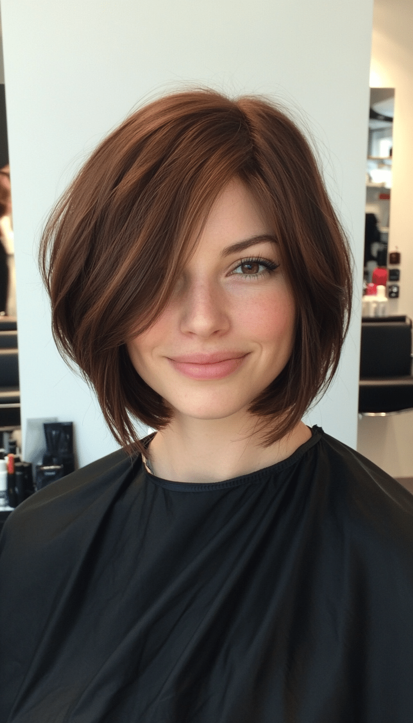 14. Shoulder-Grazing Bob with Curtain Bangs in Deep Mahogany (Short Bob Hairstyles With Bangs) - Short Bob Hairstyles With Bangs