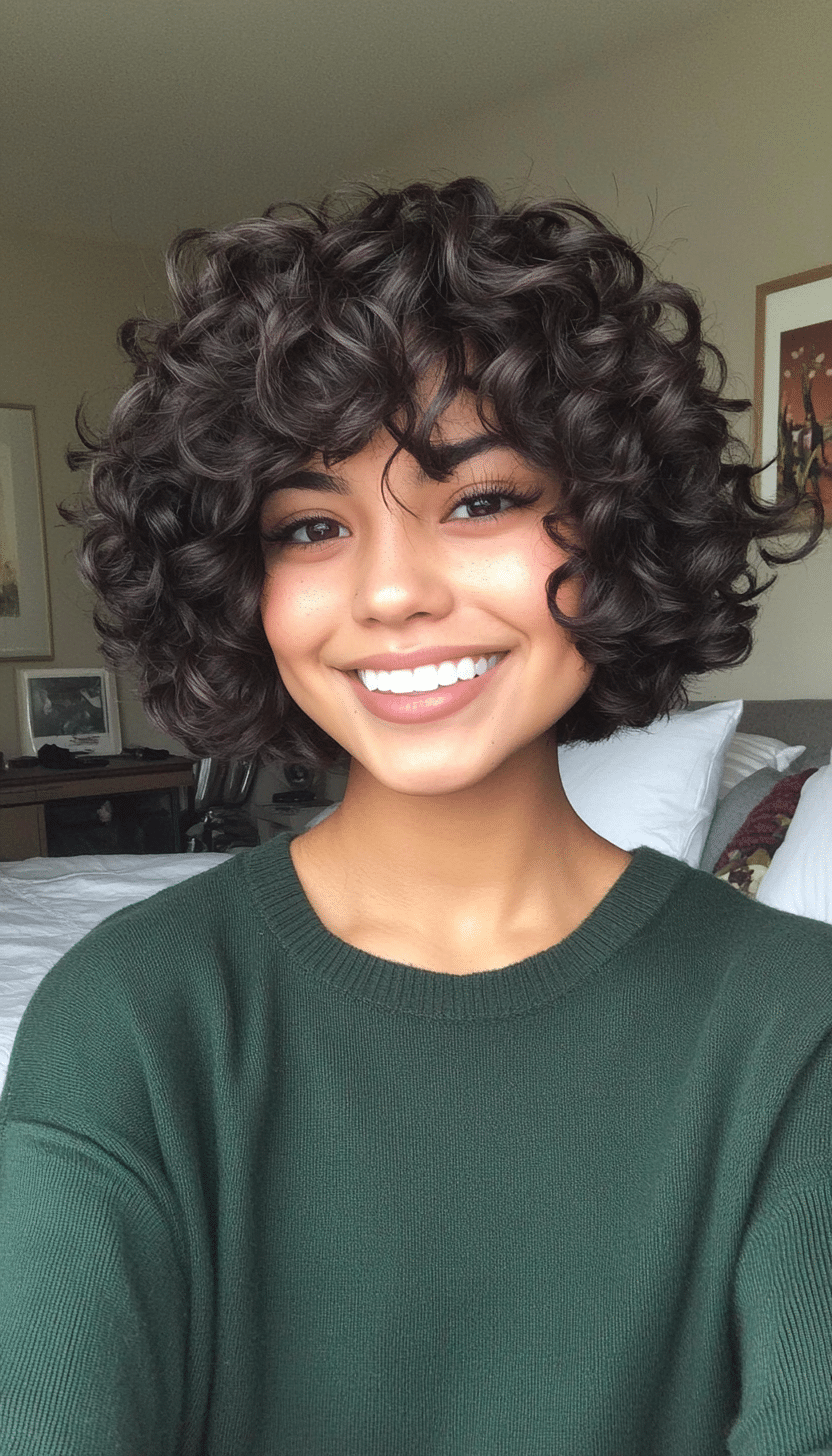 15. Short Curly Bob with Baby Bangs in Dark Mocha (Short Bob Hairstyles With Bangs) - Short Bob Hairstyles With Bangs
