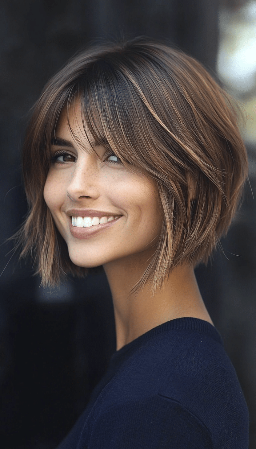 16. Edgy Asymmetrical Bob with Side Bangs in Ash Brown (Short Bob Hairstyles With Bangs) - Short Bob Hairstyles With Bangs