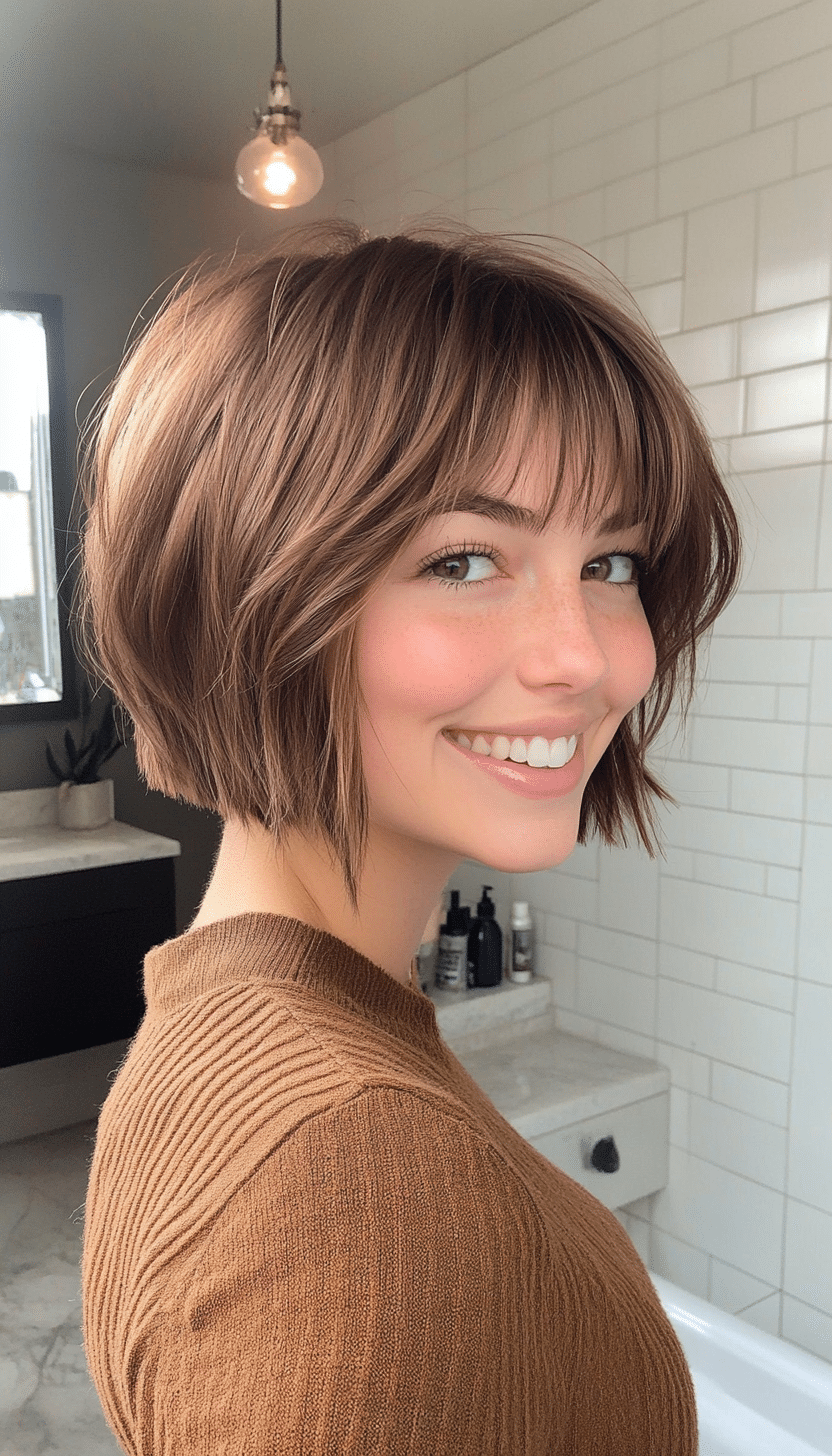 17. Disconnected Bob with Full Bangs in Warm Chestnut (Short Bob Hairstyles With Bangs) - Short Bob Hairstyles With Bangs