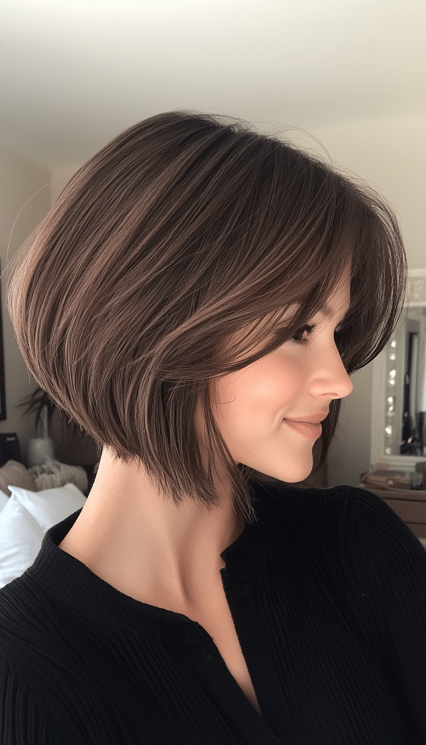 18. Blended Layer Bob with Face-Framing Bangs in Dark Chocolate (Short Bob Hairstyles With Bangs) - Short Bob Hairstyles With Bangs