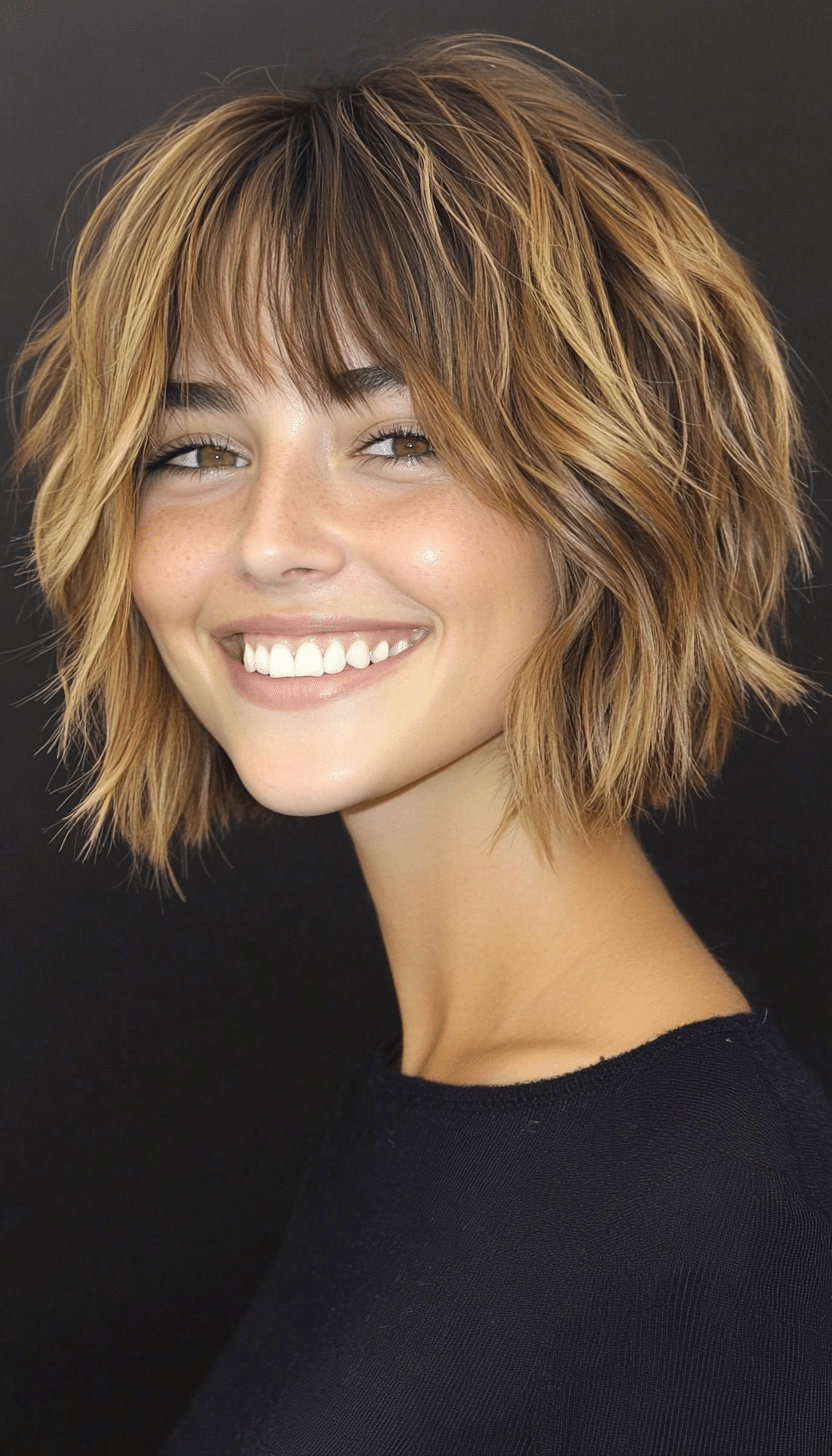 19. Short Messy Bob with Choppy Bangs in Golden Honey Brown (Short Bob Hairstyles With Bangs) - Short Bob Hairstyles With Bangs
