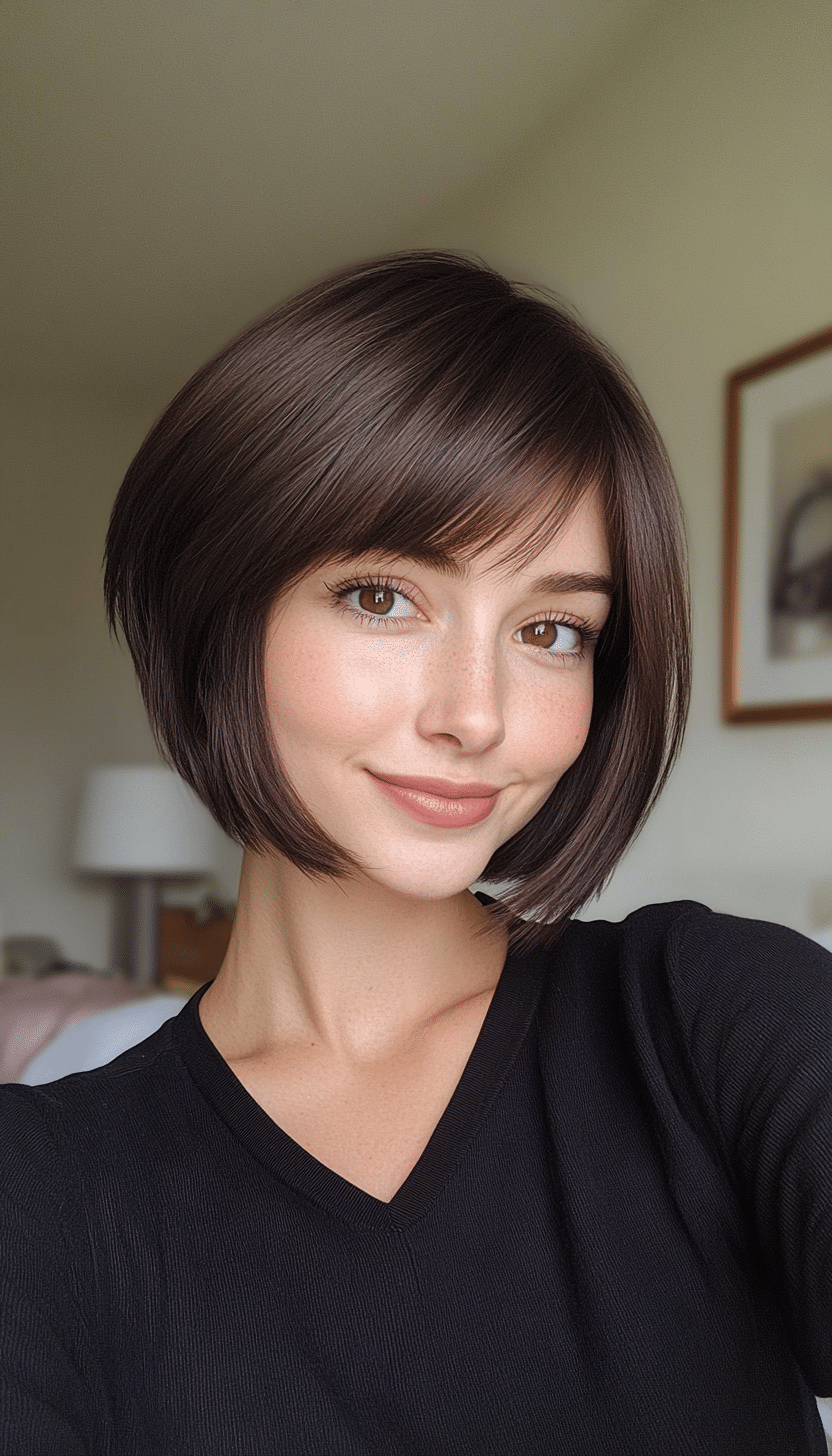 20. Retro Bob with Side Part Bangs in Deep Espresso (Short Bob Hairstyles With Bangs) - Short Bob Hairstyles With Bangs