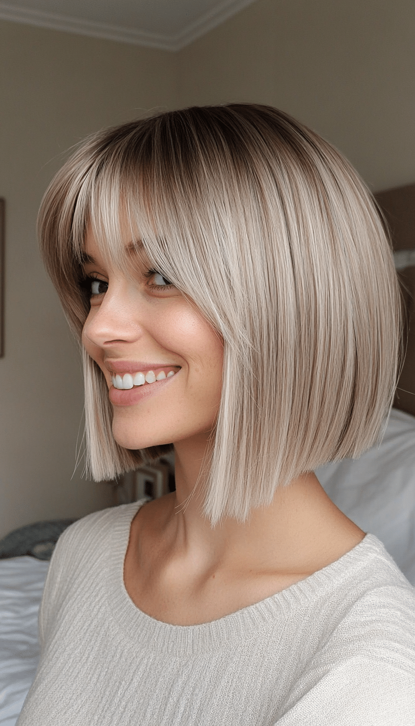 21. Lob (Long Bob) with Bardot Bangs in Soft Ash Blonde (Short Bob Hairstyles With Bangs) - Short Bob Hairstyles With Bangs
