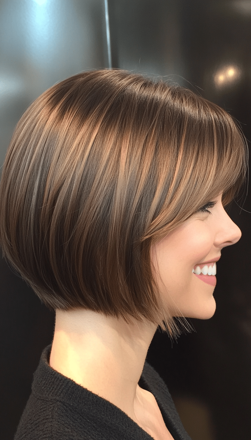 23. Tapered Bob with Side Bangs in Medium Warm Brown (Short Bob Hairstyles With Bangs) - Short Bob Hairstyles With Bangs