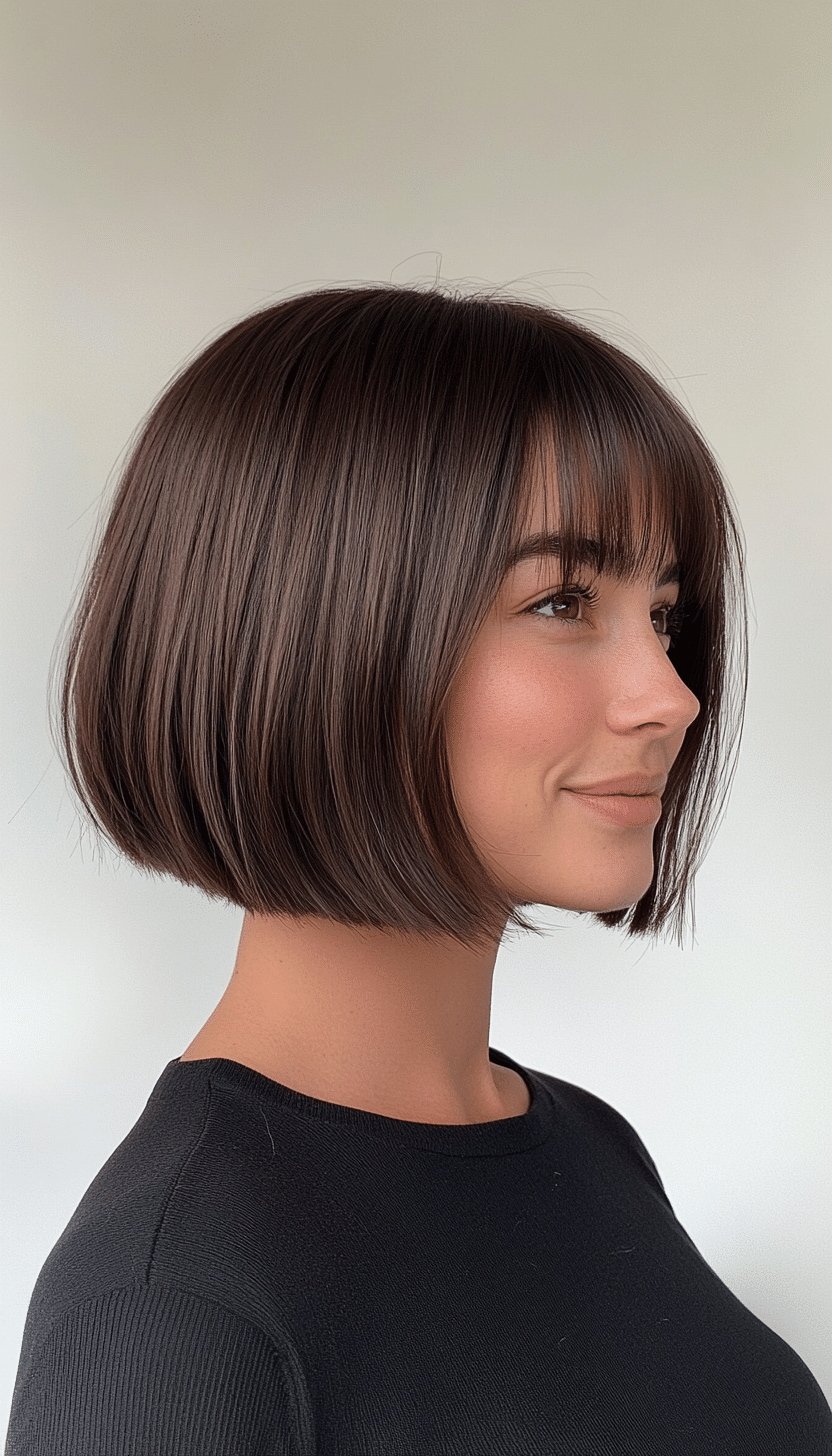 24. Jaw-Length Bob with Brow-Skimming Bangs in Deep Brown (Short Bob Hairstyles With Bangs) - Short Bob Hairstyles With Bangs