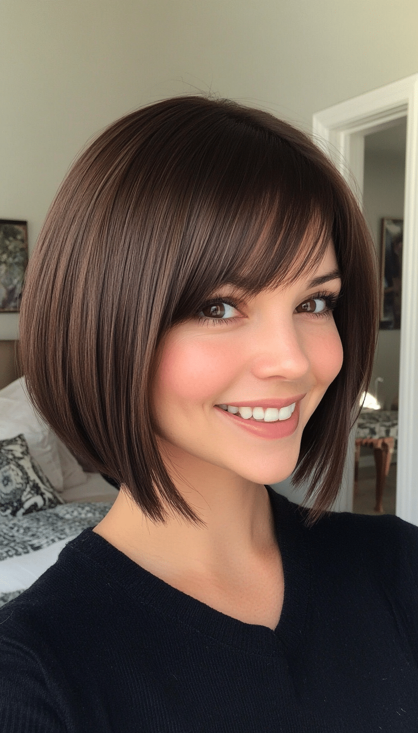 25. Sleek Graduated Bob with Long Fringe in Dark Chestnut (Short Bob Hairstyles With Bangs) - Short Bob Hairstyles With Bangs