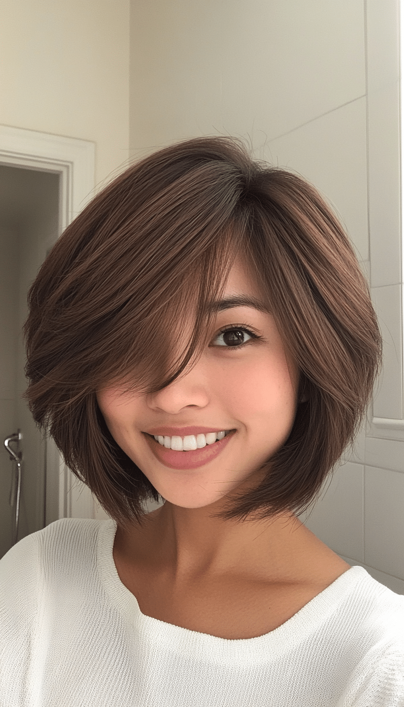 26. Short Layered Bob with Soft Wispy Bangs in Light Mocha Brown (Short Bob Hairstyles With Bangs) - Short Bob Hairstyles With Bangs