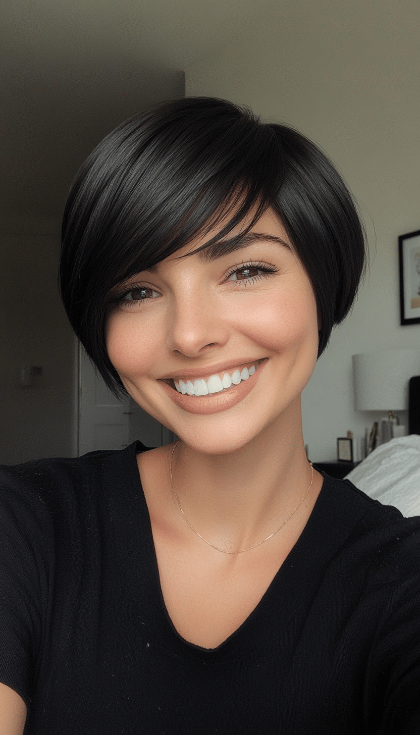 27. Modern Pixie Bob with Side Bangs in Rich Black (Short Bob Hairstyles With Bangs) - Short Bob Hairstyles With Bangs