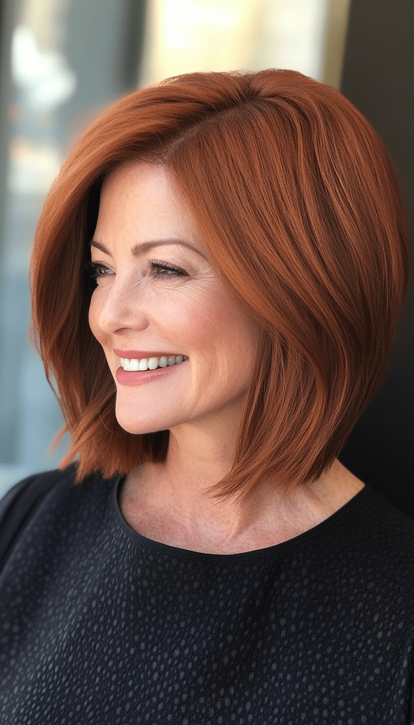 6. Angled Lob in Warm Auburn (Mid Length Hairstyles For Women Over 50) - Mid Length Hairstyles For Women Over 50
