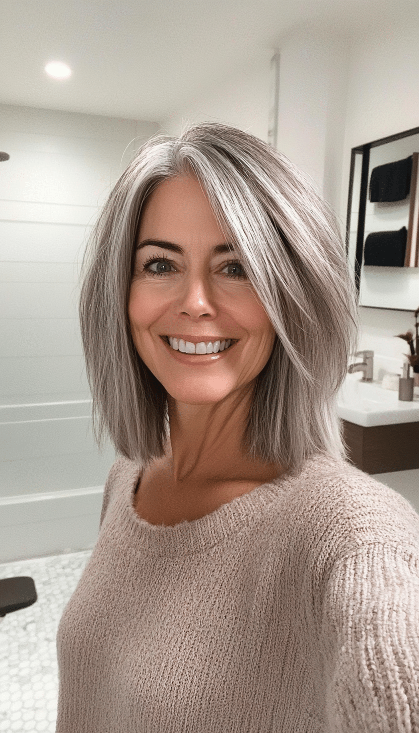 8. Choppy Shoulder-Length Cut in Salt and Pepper (Mid Length Hairstyles For Women Over 50) - Mid Length Hairstyles For Women Over 50
