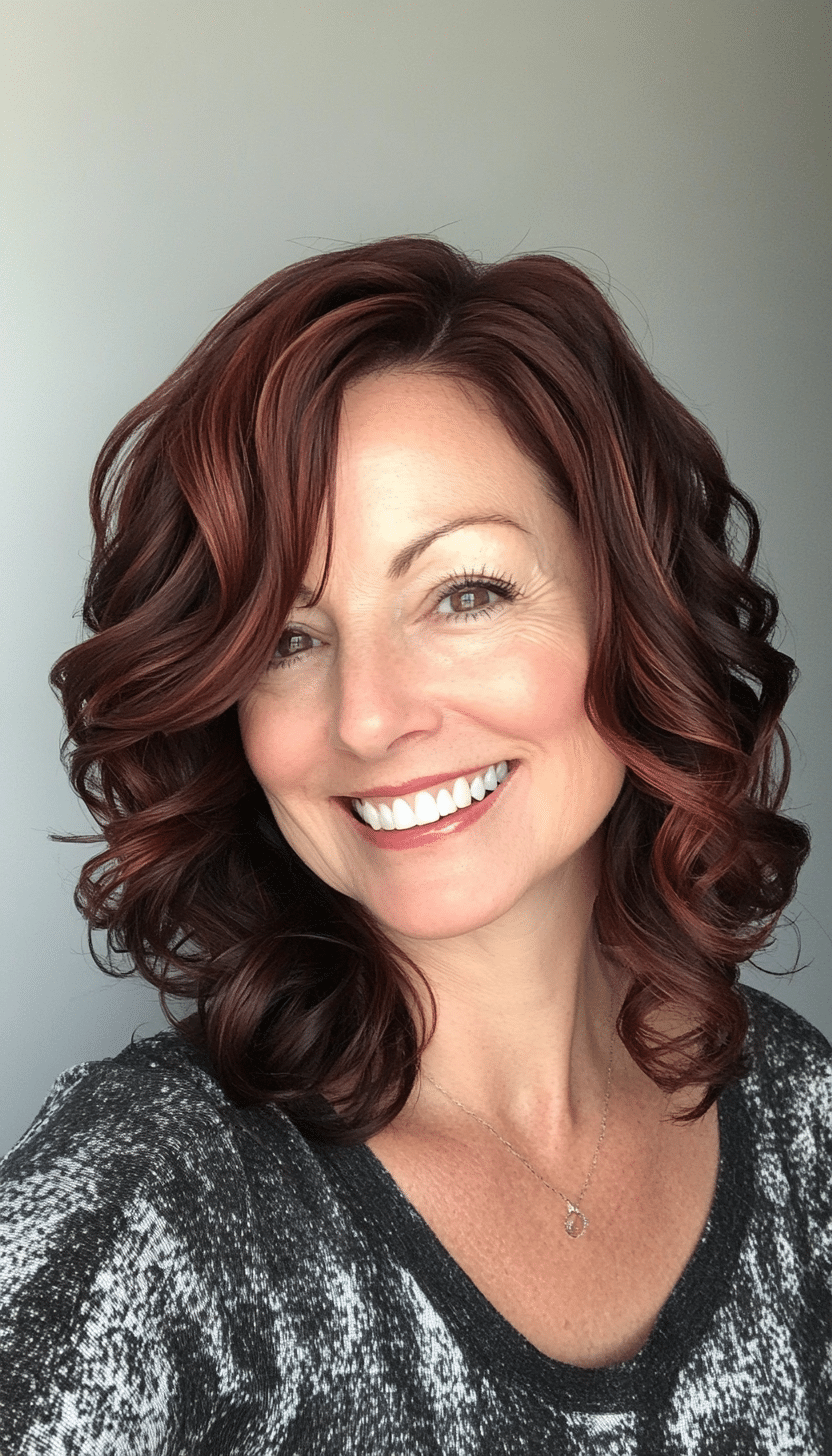 9. Curled Ends Mid-Length Style in Dark Mahogany (Mid Length Hairstyles For Women Over 50) - Mid Length Hairstyles For Women Over 50