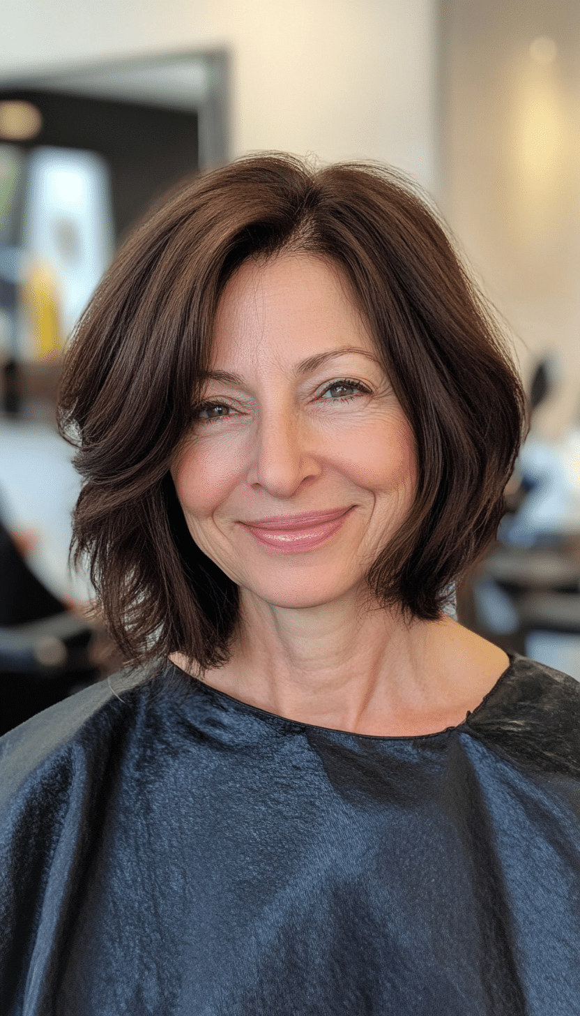 11. Classic Shoulder-Length Bob in Warm Brunette (Mid Length Hairstyles For Women Over 50) - Mid Length Hairstyles For Women Over 50