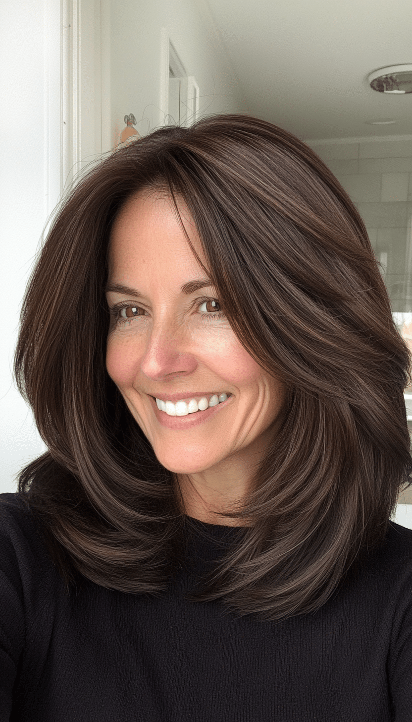 13. Face-Framing Layers in Chocolate Brown (Mid Length Hairstyles For Women Over 50) - Mid Length Hairstyles For Women Over 50