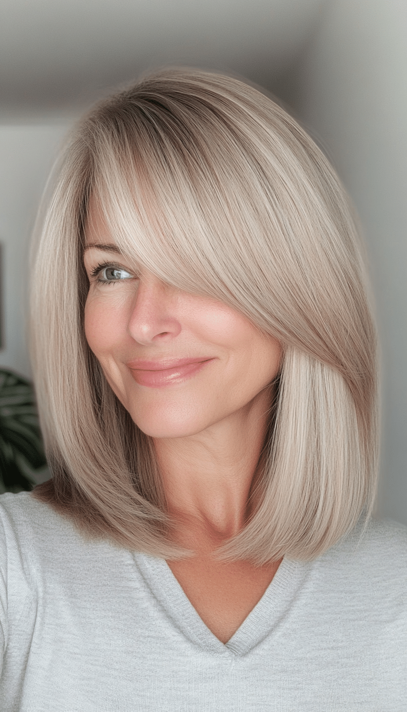 17. Sleek Lob with Side Bangs in Sandy Blonde (Mid Length Hairstyles For Women Over 50) - Mid Length Hairstyles For Women Over 50