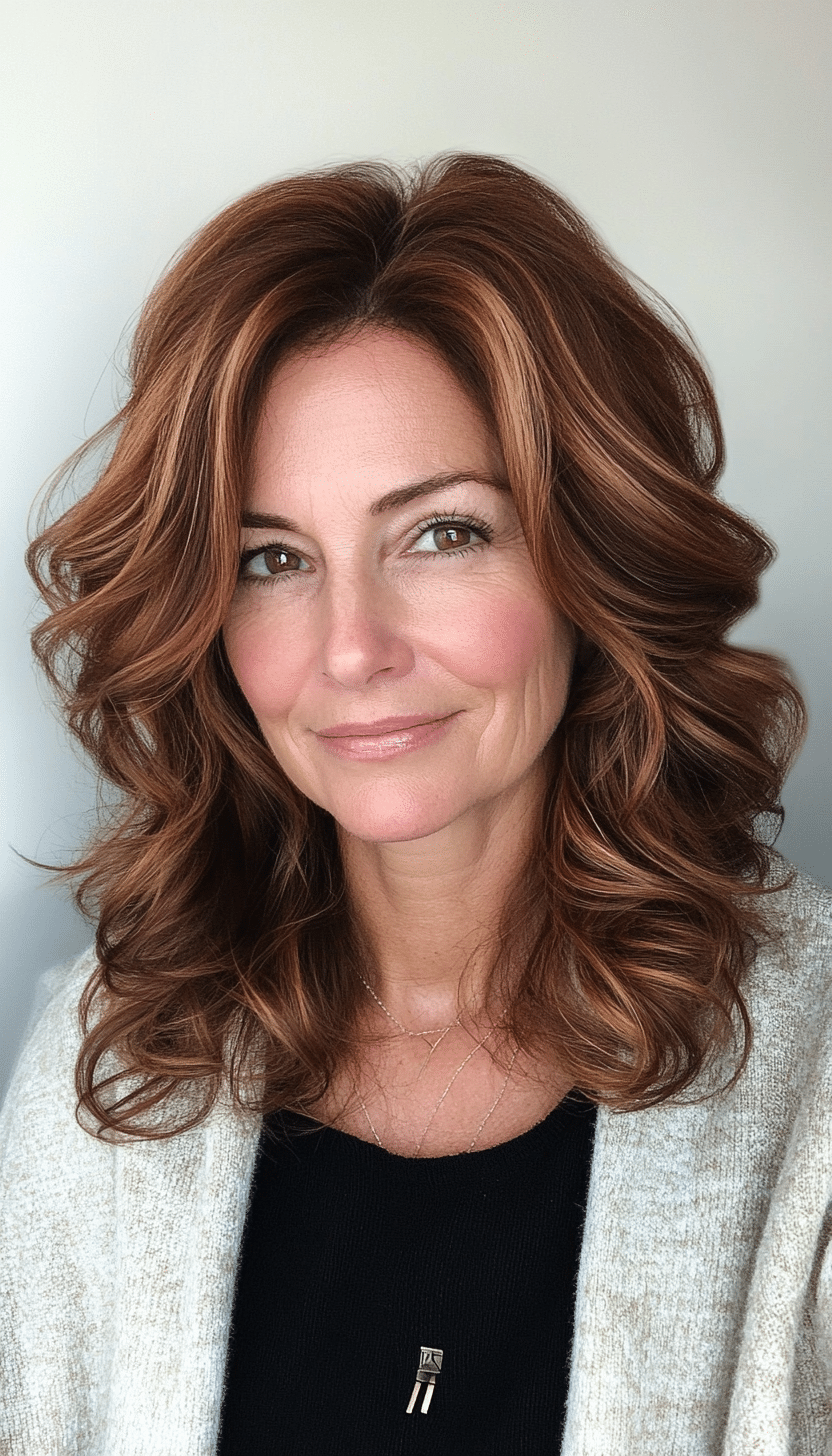 18. Shoulder-Length Soft Curls in Chestnut Auburn (Mid Length Hairstyles For Women Over 50) - Mid Length Hairstyles For Women Over 50