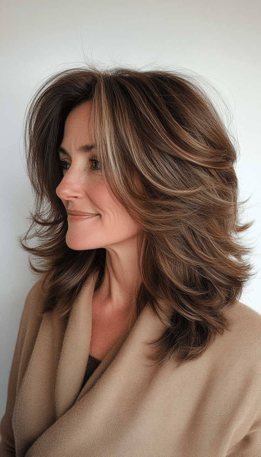 19. Voluminous Layered Cut in Cool Brown (Mid Length Hairstyles For Women Over 50) - Mid Length Hairstyles For Women Over 50