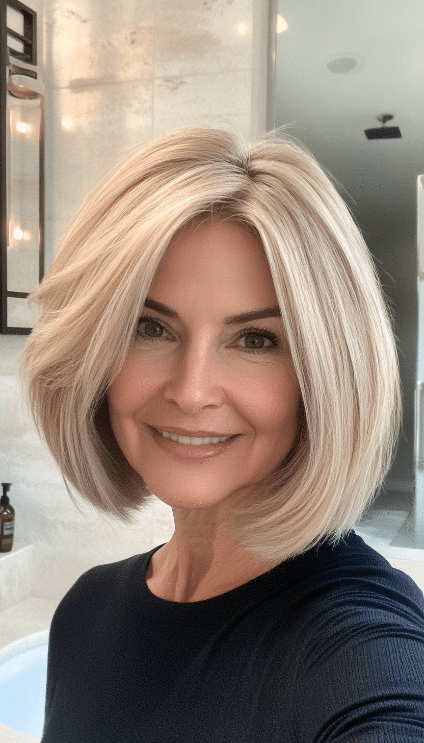 21. Chin-Length Layered Bob in Warm Beige Blonde (Mid Length Hairstyles For Women Over 50) - Mid Length Hairstyles For Women Over 50