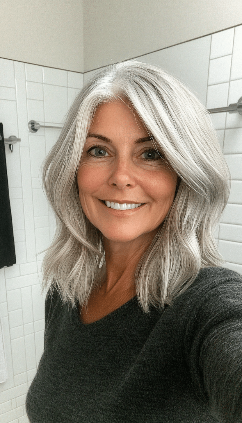 23. Flipped-Out Mid-Length Cut in Silver Blonde (Mid Length Hairstyles For Women Over 50) - Mid Length Hairstyles For Women Over 50