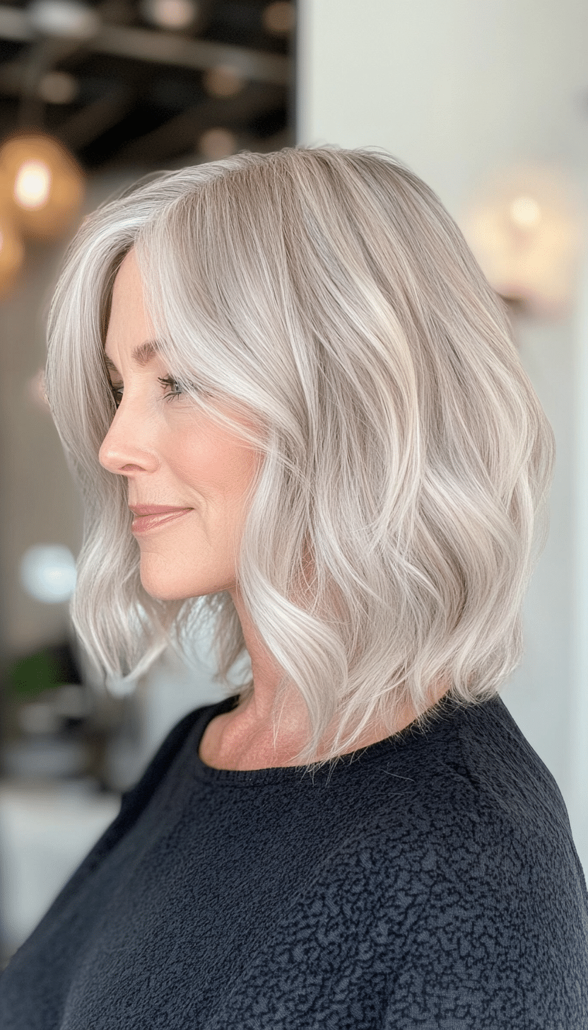 26. Effortless Mid-Length Waves in Pearl Gray (Mid Length Hairstyles For Women Over 50) - Mid Length Hairstyles For Women Over 50
