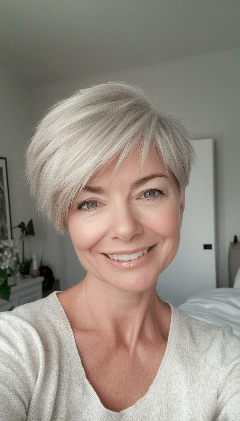 1. Feathered Pixie in Soft Ash Blonde (Short Hairstyles For Older Women With Thin Hair) - Short Hairstyles For Older Women With Thin Hair