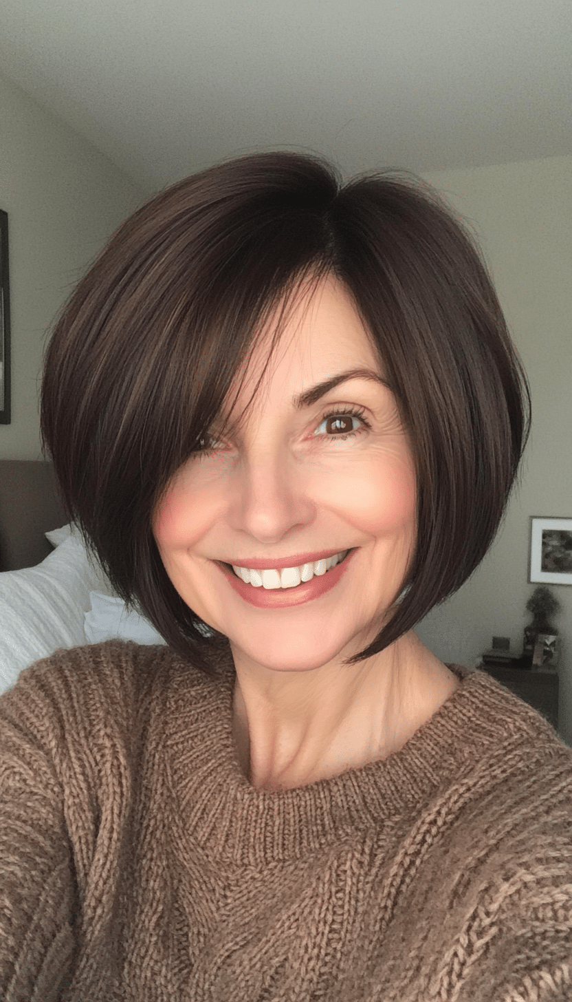 7. Angled Bob in Natural Dark Brown (Short Hairstyles For Older Women With Thin Hair) - Short Hairstyles For Older Women With Thin Hair