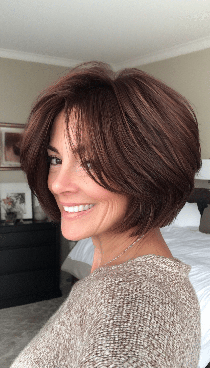14. Stacked Bob in Deep Mahogany Brown (Short Hairstyles For Older Women With Thin Hair) - Short Hairstyles For Older Women With Thin Hair
