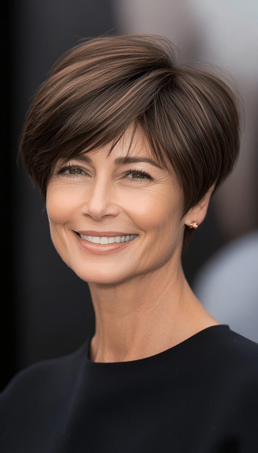 15. Tapered Pixie with Side Bangs in Dark Cocoa Brown (Short Hairstyles For Older Women With Thin Hair) - Short Hairstyles For Older Women With Thin Hair