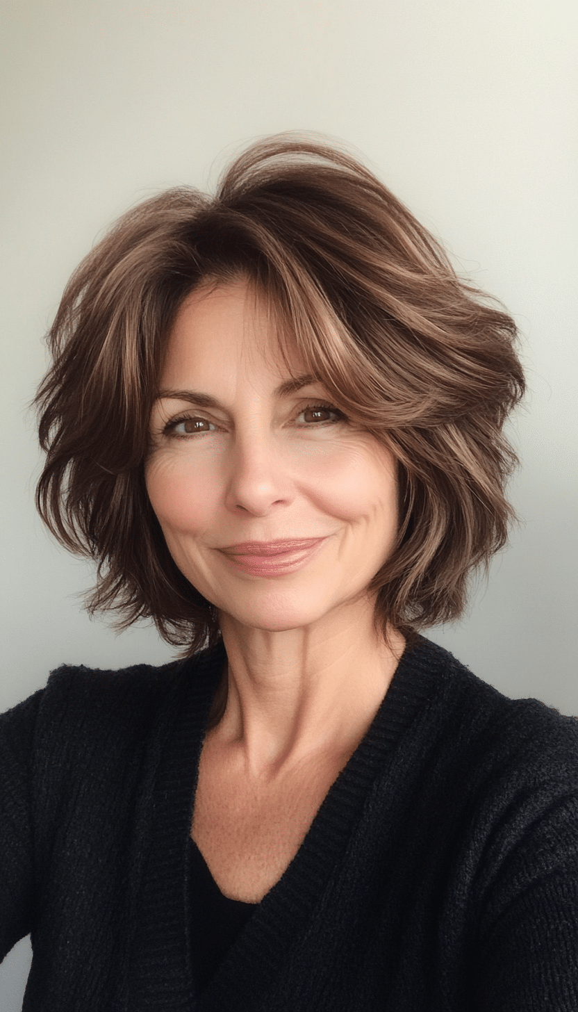 17. Layered Short Shag in Natural Brunette (Short Hairstyles For Older Women With Thin Hair) - Short Hairstyles For Older Women With Thin Hair