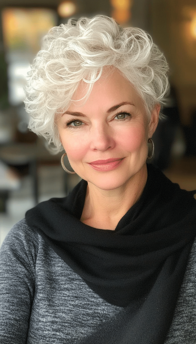 20. Voluminous Curly Pixie in Natural White (Short Hairstyles For Older Women With Thin Hair) - Short Hairstyles For Older Women With Thin Hair